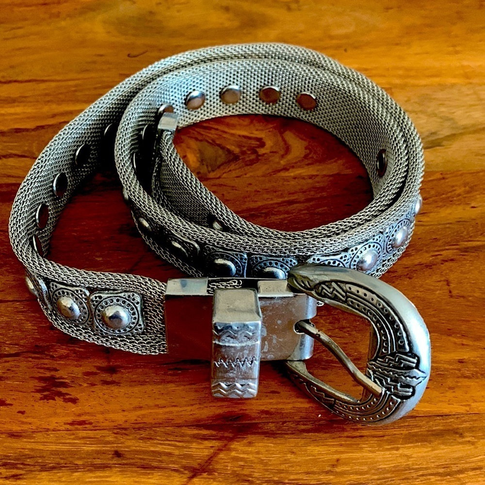 Vintage Metal Mesh Belt W/ Tiles Silver Color Repeat Plate Size 32.5”